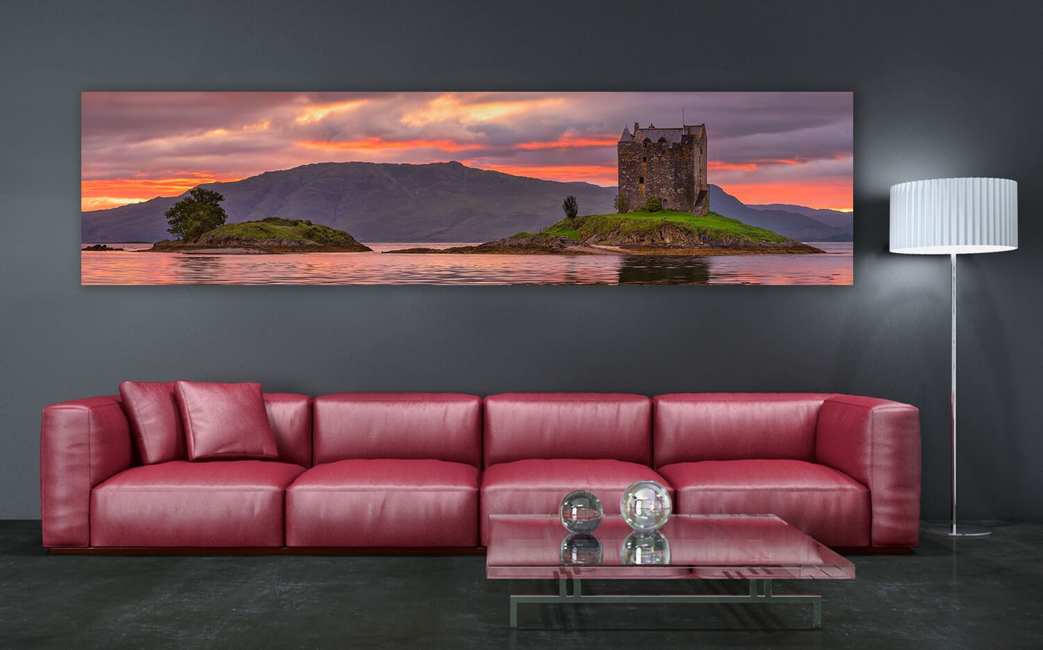 Wanddeko o. Küchenrückwand Castle Stalker 120 x Canvas Highlands Ausführung 30cm Leinwand Grösse Schottland (4:1)