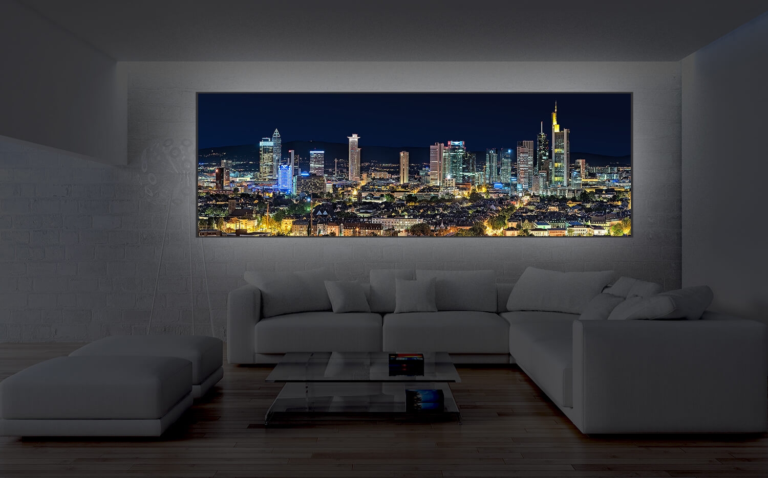 Wanddeko o. Küchenrückwand nächtliche Skyline 40cm (3:1) 120 x Canvas Leinwand Frankfurt/Main Ausführung von Grösse